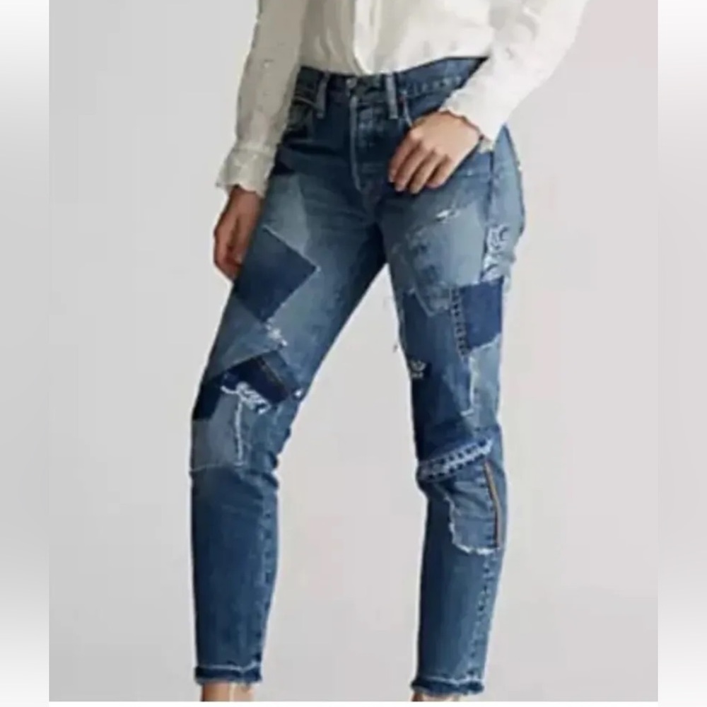 Polo Ralph Lauren Avery Boyfriend Blue Patchwork Distressed Jeans Womens 29 NWT